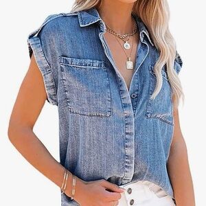 Size Small chambray button front top. Cuffed cap sleeves.  NWT